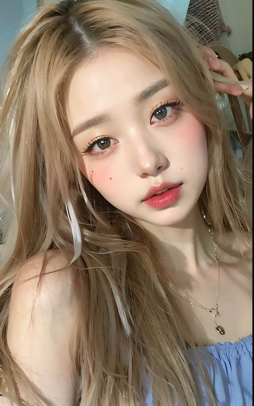 Un primer plano de una mujer con cabello largo con un vestido azul, pale porcelain white skin, pale fair skin!!, porcelain pale skin, Cabello largo y rubio y ojos grandes, Cabello largo y rubio y ojos grandes, pale milky white porcelain skin, beautiful pale makeup, cara muy bonita, cabello rubio y ojos grandes, con cabello largo y ojos penetrantes, pale round face