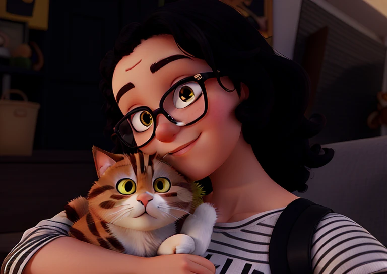A woman holding a cat in her arms. She wears glasses and has curly hair.. He's wearing a black and white striped shirt and the cat is yellowish.