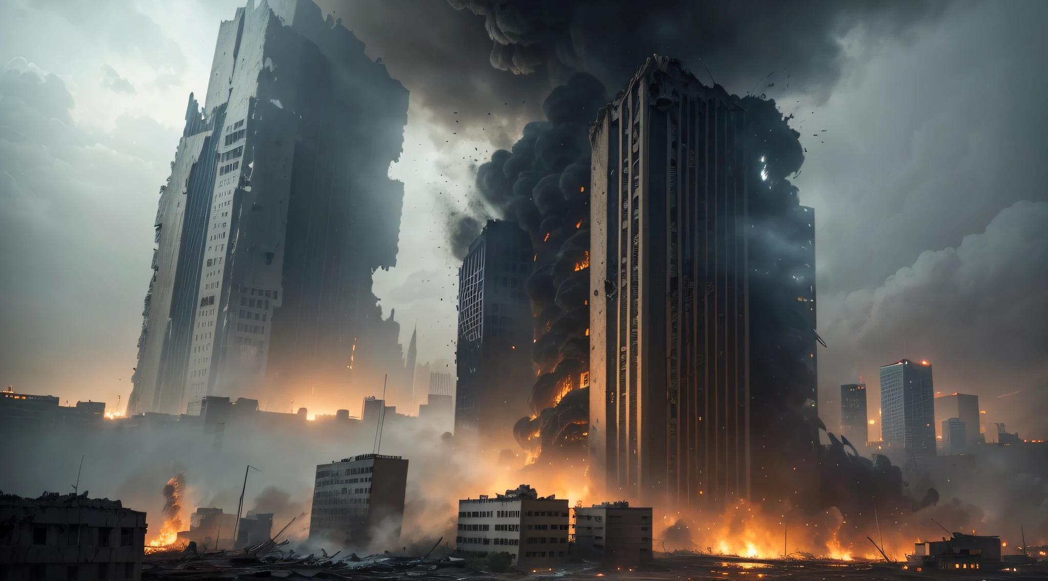 Destruction of city with fires, explosions and collapsing structures. Concept of war and disaster