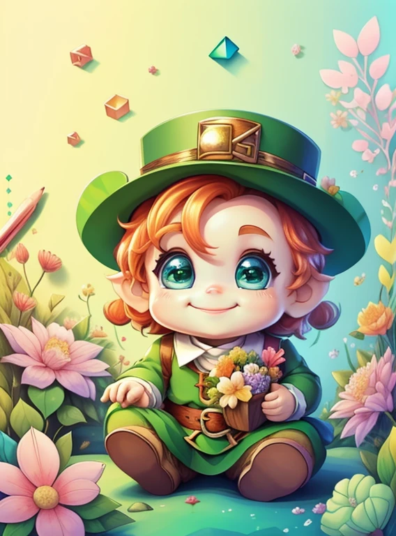 (cute baby leprechaun smiling with flowers) Munchkin ,Geometric multidimensional wall portrait, livro de arte, Tchibi,
Yang08k, Beautiful, Colouring,
Obras, of the highest quality, best quality, Arte Oficial, Beautiful and Aesthetic,