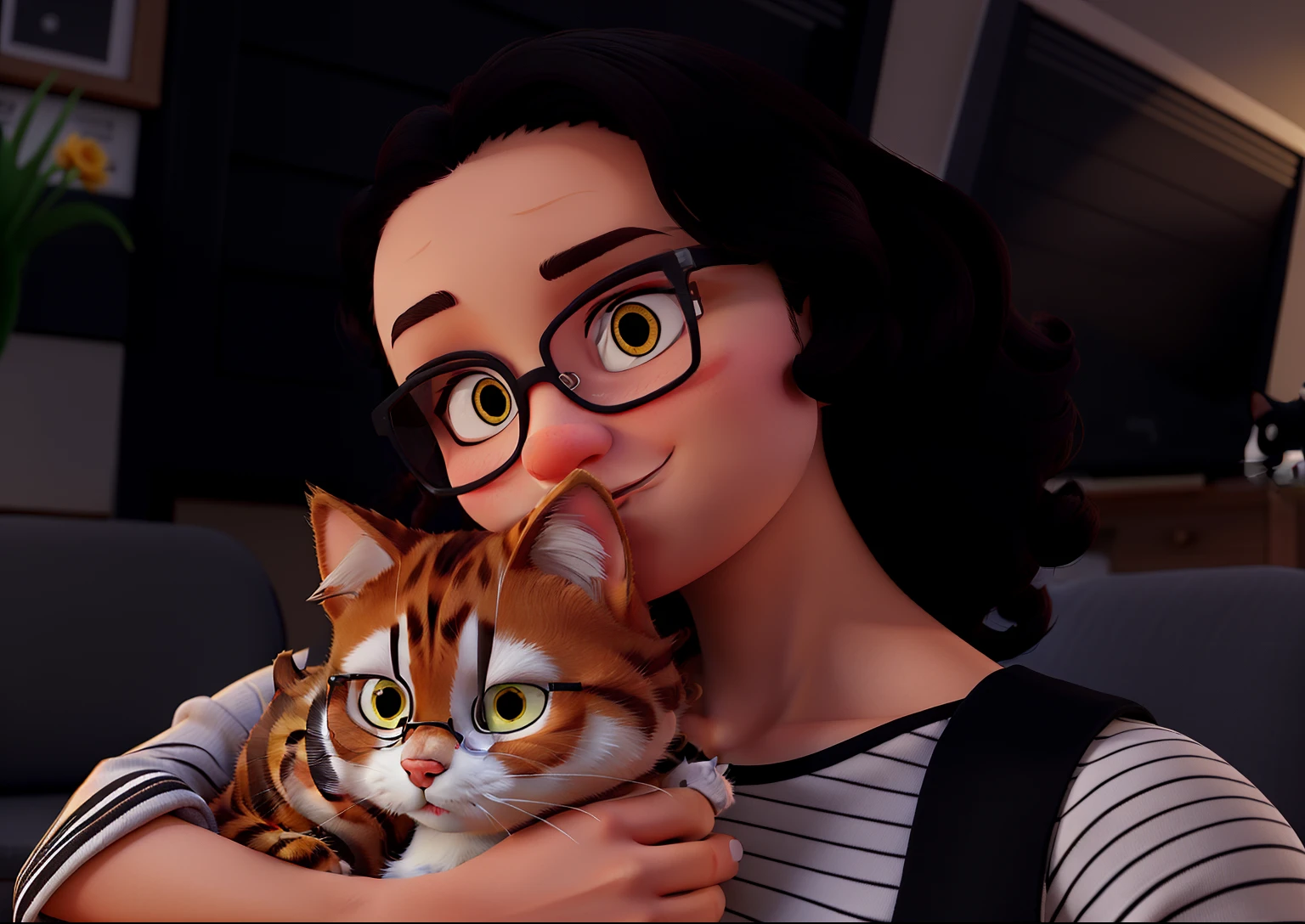 A woman holding a cat in her arms. She wears glasses and has curly hair.. He&#39;s wearing a black and white striped shirt and the cat is yellowish.