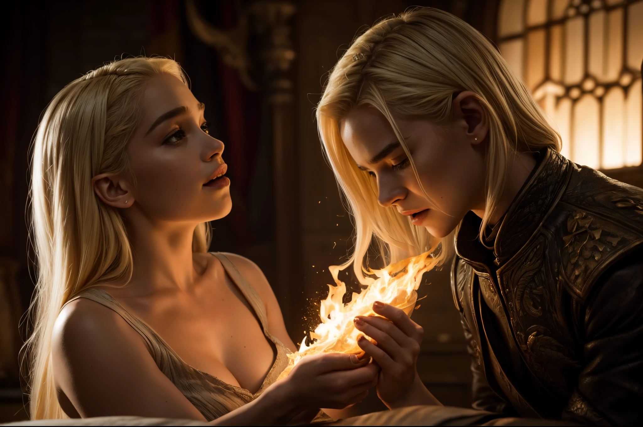 A Cinematic Scene from Drama TV shoame of Thrones", Close-up shot, A charismatic Emilia Clarke with bleach blonde hair sits on tops of a powerful dragon with the dragon blowing our powerful, luminescent flames from its mouth captured by UHD Canon EOS R6 Mark II camera, complemented by the Sigma 50mm f/1.4 DG HSM Art Lens, ensuring every detail, Inspiring, Natural light