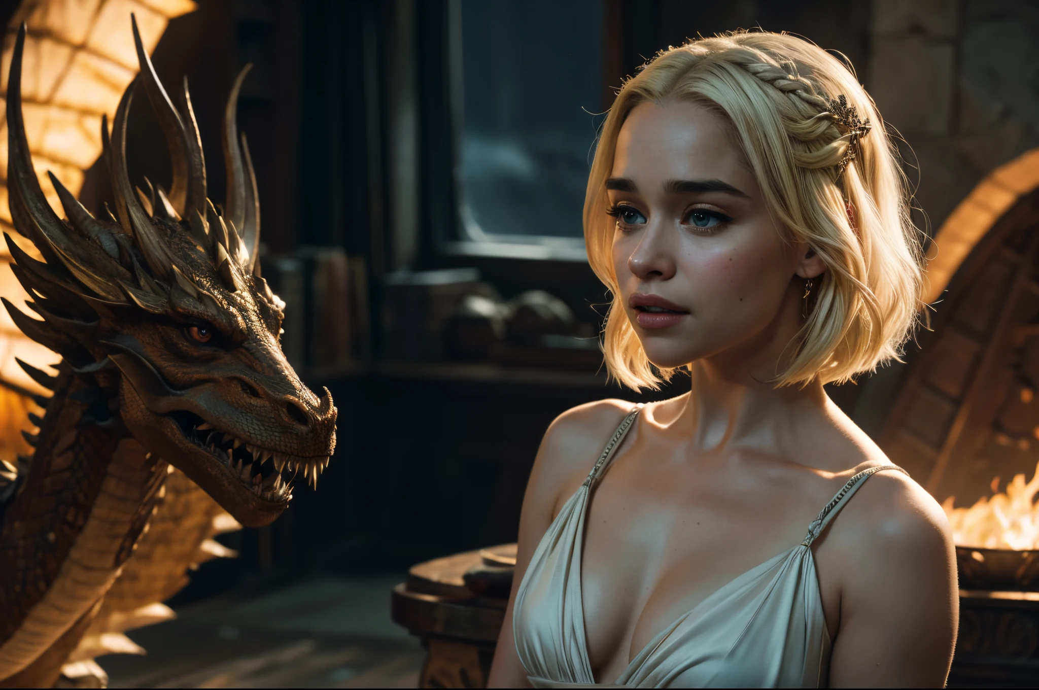 A Cinematic Scene from Drama TV shoame of Thrones", Close-up shot, A charismatic Emilia Clarke with bleach blonde hair sits on tops of a powerful dragon with the dragon blowing our powerful, luminescent flames from its mouth captured by UHD Canon EOS R6 Mark II camera, complemented by the Sigma 50mm f/1.4 DG HSM Art Lens, ensuring every detail, Inspiring, Natural light