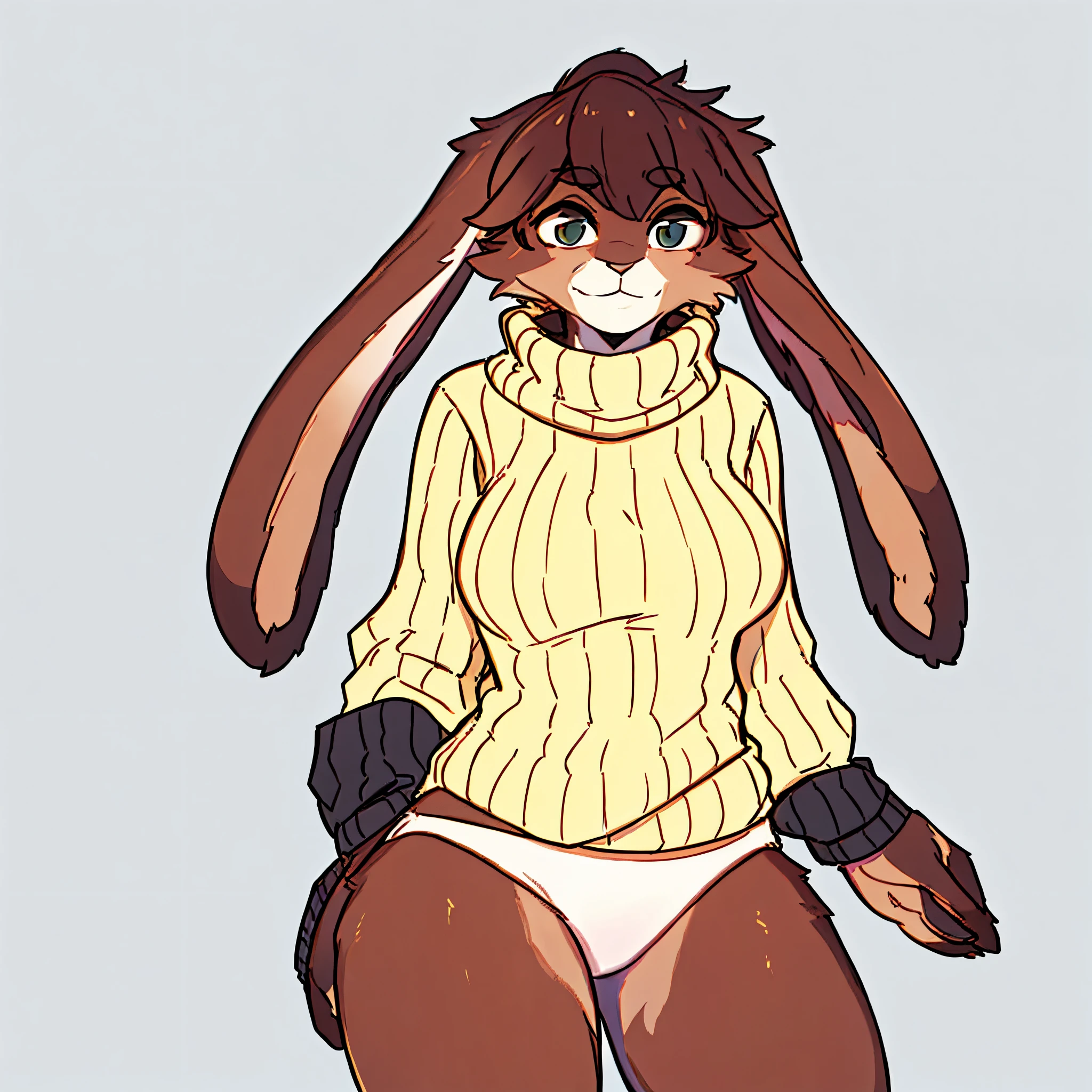 By bebebebebe, by lostgoose, by goonie-san, solo, female, standing, (((lop))), rabbit, smirking, looking at viewer, sweater, underwear