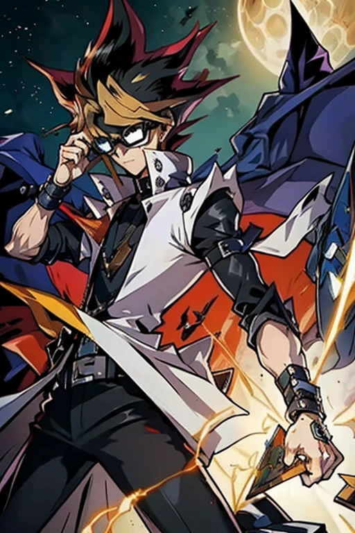 (um homem com um casaco amarelo) and sunglasses next to another man, Traje real de Akira, Gatilho Estilo de Arte de Anime, guilty gear strive splash art, Estilo de arte da pessoa, arte chave do anime, Arte Oficial, Parte Brando, arte oficial altamente detalhada, Estilo de arte Guilty Gear, Estilo de Arte Demon Slayer, Epic anime style, Persona 5 Estilo Arte wlop, KDA, better arms, mais detalhes roxos e azuis, (ultra detalhes), Yu-Gi-Oh estilo arte, egyptian setting