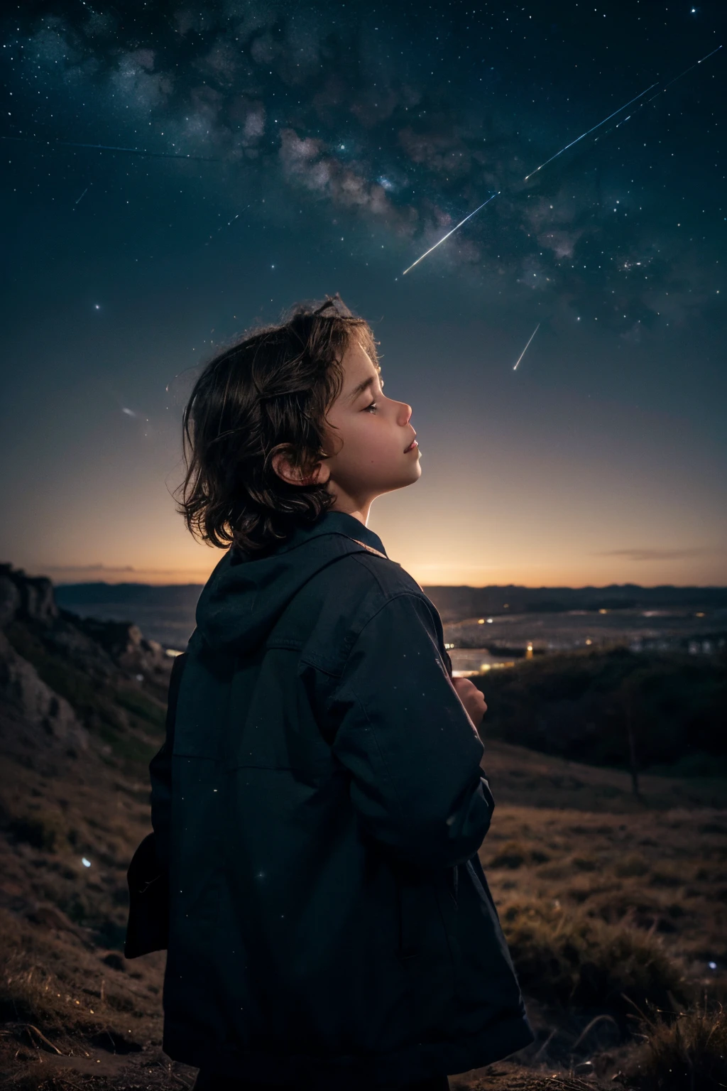 Generate a captivating image of a starry night scene, capturing an emotional moment of a approximately 6-year-old boy with Caucasian hair and fair skin, gazing at the sky. The scene should be viewed from behind the boy, with the camera positioned from bottom to top. Highlight the rich details in the starry sky, ensuring that the brilliance of the stars and the vastness of the cosmos overlay artistically onto the figure of the boy. Include a shooting star cutting through the sky to add a touch of magic and surprise to the scene. Convey a sense of awe and wonder, capturing the magic and vastness of the universe in the expression and posture of the boy.