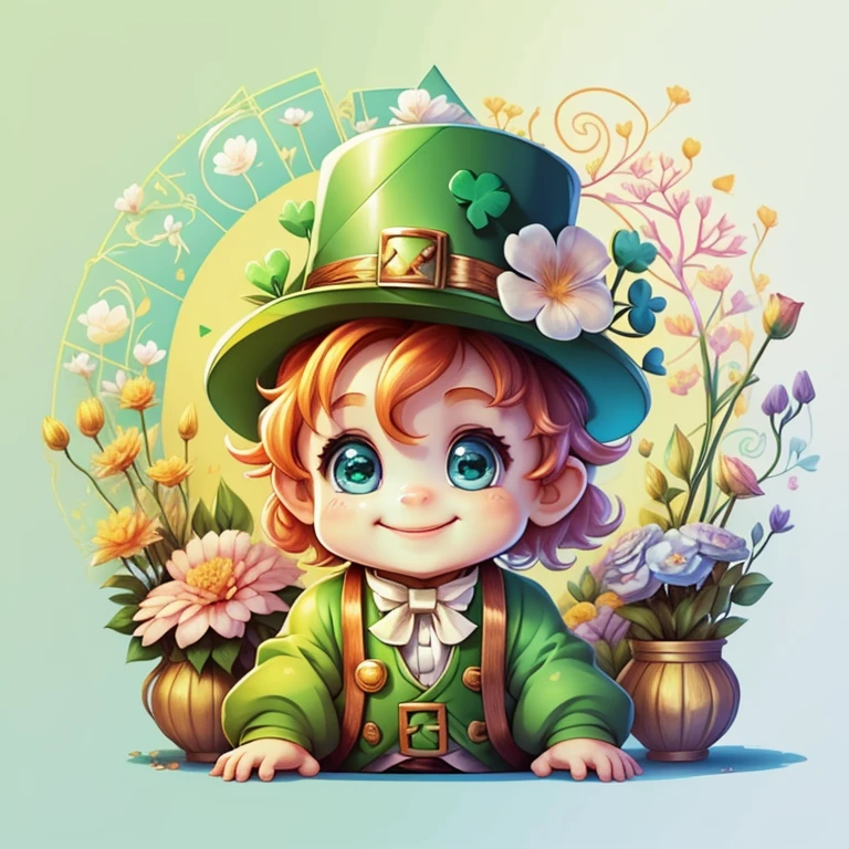 (cute  leprechaun smiling with flowers) Munchkin ,Geometric multidimensional wall portrait, livro de arte, Tchibi,
Yang08k, Beautiful, Colouring,
Obras, of the highest quality, best quality, Arte Oficial, Beautiful and Aesthetic,