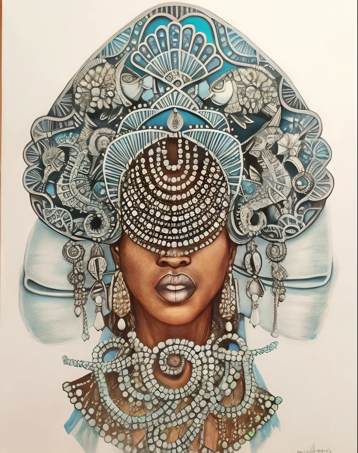 a drawing of a woman Orisha African goddess Yemanja with a large hat and jewelry, his jeweled head, coberto de joias, incrustado com joias, mulher detalhada, estilo afrofuturismo, elaborate ornate head piece, realeza enfeitada e incrustada, Um retrato impressionante de uma deusa, retrato intrincado, cocar de joias, tiro extremamente detalhado da deusa, intrincado rosto detalhado, arte da deusa