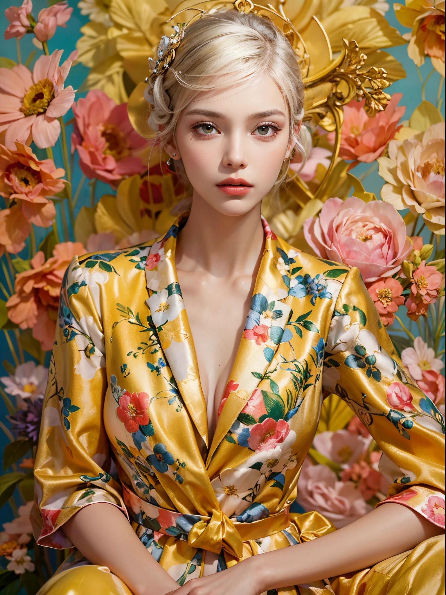(best quality color photo of a mysterious beautiful woman in floral clothing without hair accessory on a fashion magazine cover, haute couture fashion shoot:1.2),(An extremely delicate and beautiful work:1.2), elegant pose, glamorous fashion pose, the divine light, with neon lights, grand background, starryskybackground, simple background, art nouveau, focus on art nouveau suit, floral couture, clothes made of flower, luxury fashion,(she is the embodiment of beauty and allure, her clothes are soft and light texture as air, elegant and sophisticated fashion) detailed face, looking at viewer, detailed eyes, black eyes, lustrous lips ,cleavage, Gentle and enigmatic expression, High color saturation, surrealism , (best quality, masterpiece, ultra detailed, ultra high res, photorealistic, raw photo, absurdres, absolutely resolution:1.4),