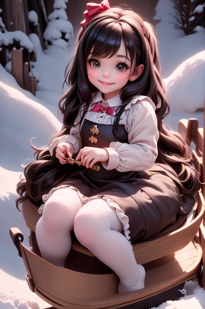 amasterpiece, best quality, 8k, cinematic light, ultra high res, chibi, cute girl smiling sitting on a sleigh, black hair, christmas steampunk dress, christmas hair bows, (white) pantyhose, black pumps, magical night, winter night, magical sparks floating, falling snow, dark shadows, ((dark fantasy)),