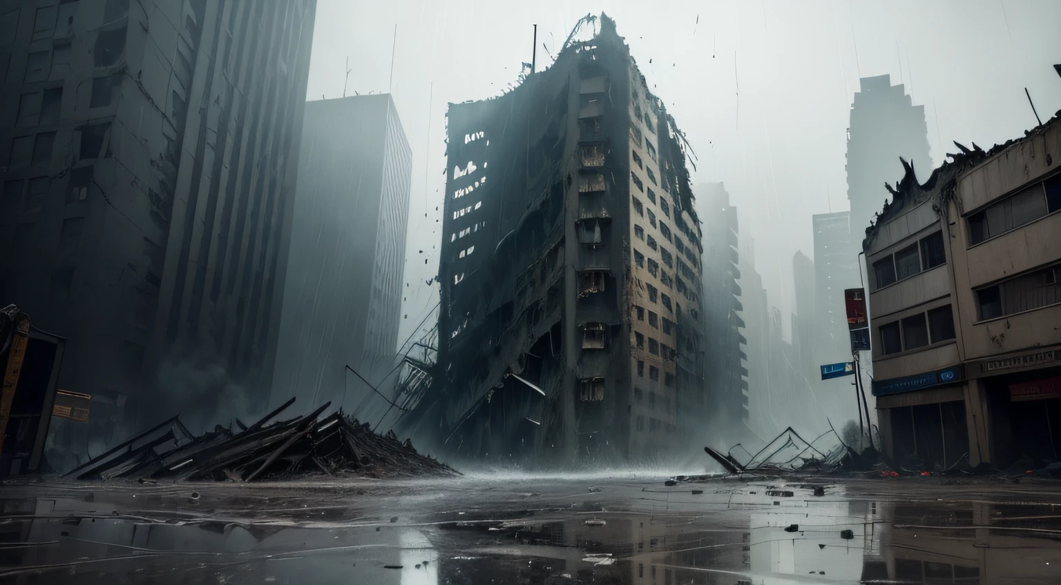 dimly lit,heavy rain poured,earthquakes,disaster,,The city collapsed,dangerous,Collapsed building,Live photos, Maximum sense of reality, profesional photo, high high quality, A high resolution, Very meticulous