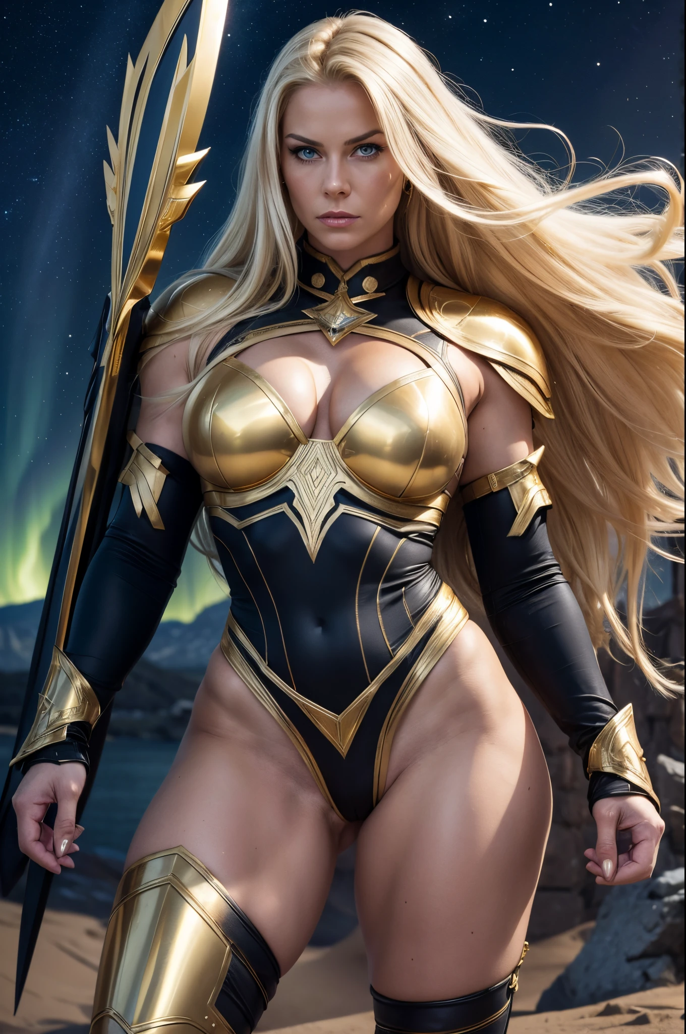 BOMBSHELL VALKYRIE, MATURE WOMAN, NORTHERN BEAUTY, HUGE LONG HAIR, BLONDE HAIR, BLUE EYES, ANGRY FACE EXPRESSION, PALE SKIN, ATLETIC BODY, MUSCLES, TIGHS, CURVY TIGHS, SWEATY TIGHS, QUADRICEPS, BUTTOCKS, SWEATY BUTTOCKS, GLUTES, SWEATY GLUTES, EXPOSED GLUTES, ABDOMEN, STRONG ABDOMEN, GOLD ARMOUR, THONG LEOTARD ARMOUR, GOLD GAUNTLETS, GOLD CHOKE COLLAR, GOLD VALKYRIE HELMET, GOLD SHIELD, NIGHTSKY, NORTHERN LIGHTS, DESERT, RIVER, MITHOLOGY, SIDE BODY VIEW, MAGIC POWERS, ACCURATE IMAGE, MASTERPIECE