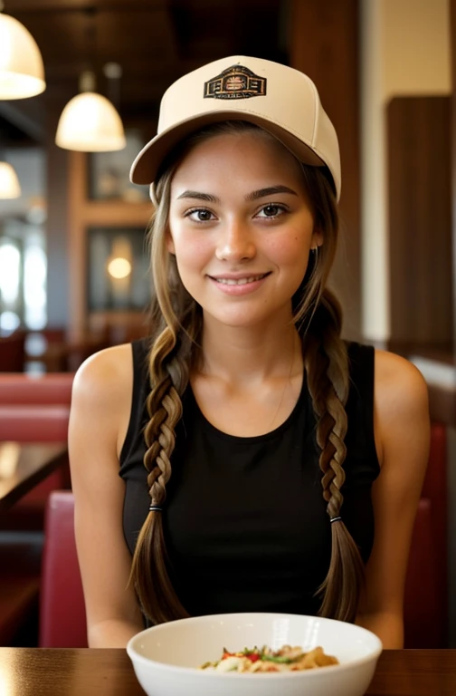 "Imagine a FULL PICTURE of a friendly 27-year-old American crypto trader. She has short,neatly plaited and braided brown hair, striking brown eyes, WEARING A HAT and a natural smiling and proffessional expression. THE PHOTO IS TAKEN INSIDE A RESTAURANT WHILE EATING. The image is captured in high resolution using an 85mm lens A CLEAR FULL VIEW."