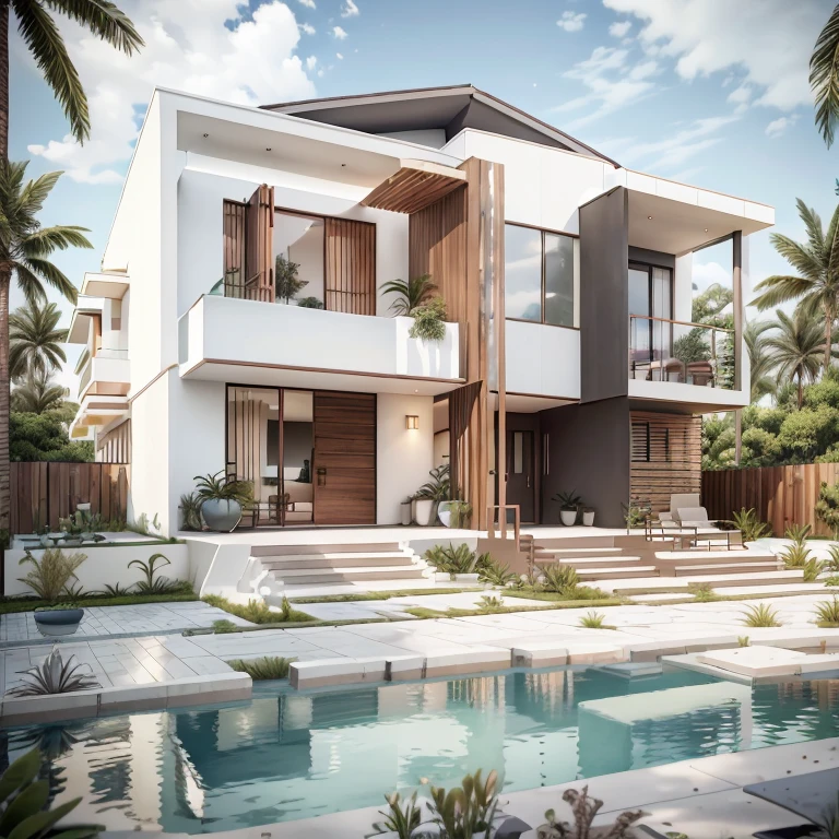 Generate an image with maximum quality, advanced levels of detail and realistic style that represents a simple, modern home, inspirada no estilo americano, characterized by clean, contemporary architecture. Highlight distinctive features, including glass walls that harmoniously integrate into the structure of the house. Certifique-se de capturar os detalhes refinados da arquitetura, such as the arrangement of windows, doors and other elements that contribute to the modern aesthetic of the home. A imagem deve transmitir um estilo realista, highlighting the beauty of the simplicity and modernity of the residence.