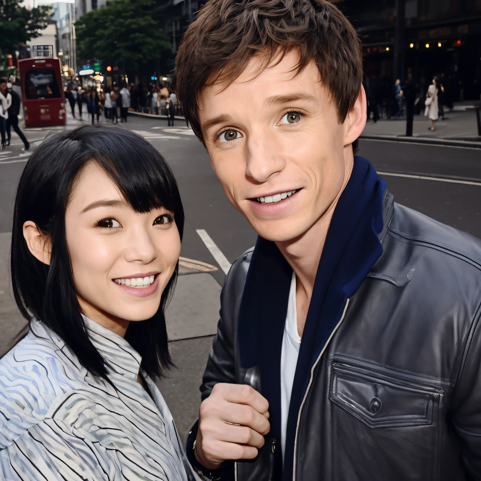 (Best quality, 8k, 32k, Masterpiece, UHD:1.2) "Generate an art scene featuring a well-known celebrity "Eddie Redmayne" posing with a Japanese fan for a selfie. Show the celebrity and the fan in a joyful and friendly interaction, capturing a candid moment of connection and excitement. Portray the celebrity with their recognizable features and the fan displaying enthusiasm and admiration. Ensure the setting reflects a casual yet vibrant environment, possibly with hints of a crowded or a bustling backdrop that complements the celebratory atmosphere. Emphasize the genuine and happy expressions of both the celebrity and the fan, creating a heartwarming scene of connection and fandom."