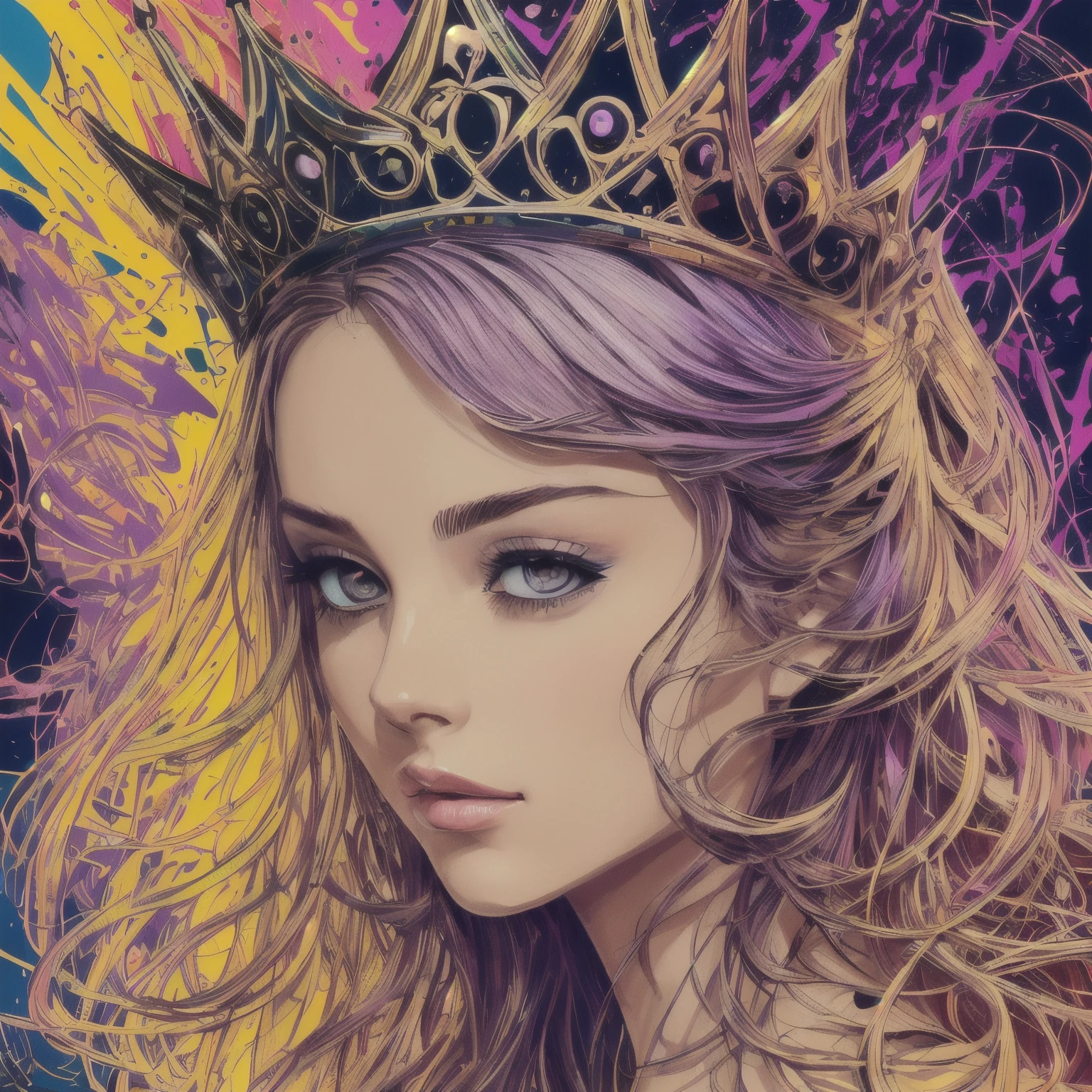 ((best quality)), ((masterpiece)), (detailed), perfect faceHighly detailed, High Quality, Masterpiece, beautiful, FISideRight, right side face angle, 1girl, solo, perfect face, abstract beauty, Create a digital art work in pop art style, luxury elegance bold with hint of feminine, happy & youthful, authentic, brave, princess wearing crown, (purple), (gold), centered, key visual, intricate, highly detailed, breathtaking beauty, precise lineart, vibrant, comprehensive cinematic, Carne Griffiths, Conrad Roset, vector art, Colorful graffiti illustration, (the most beautiful portrait in the world:1.5)
