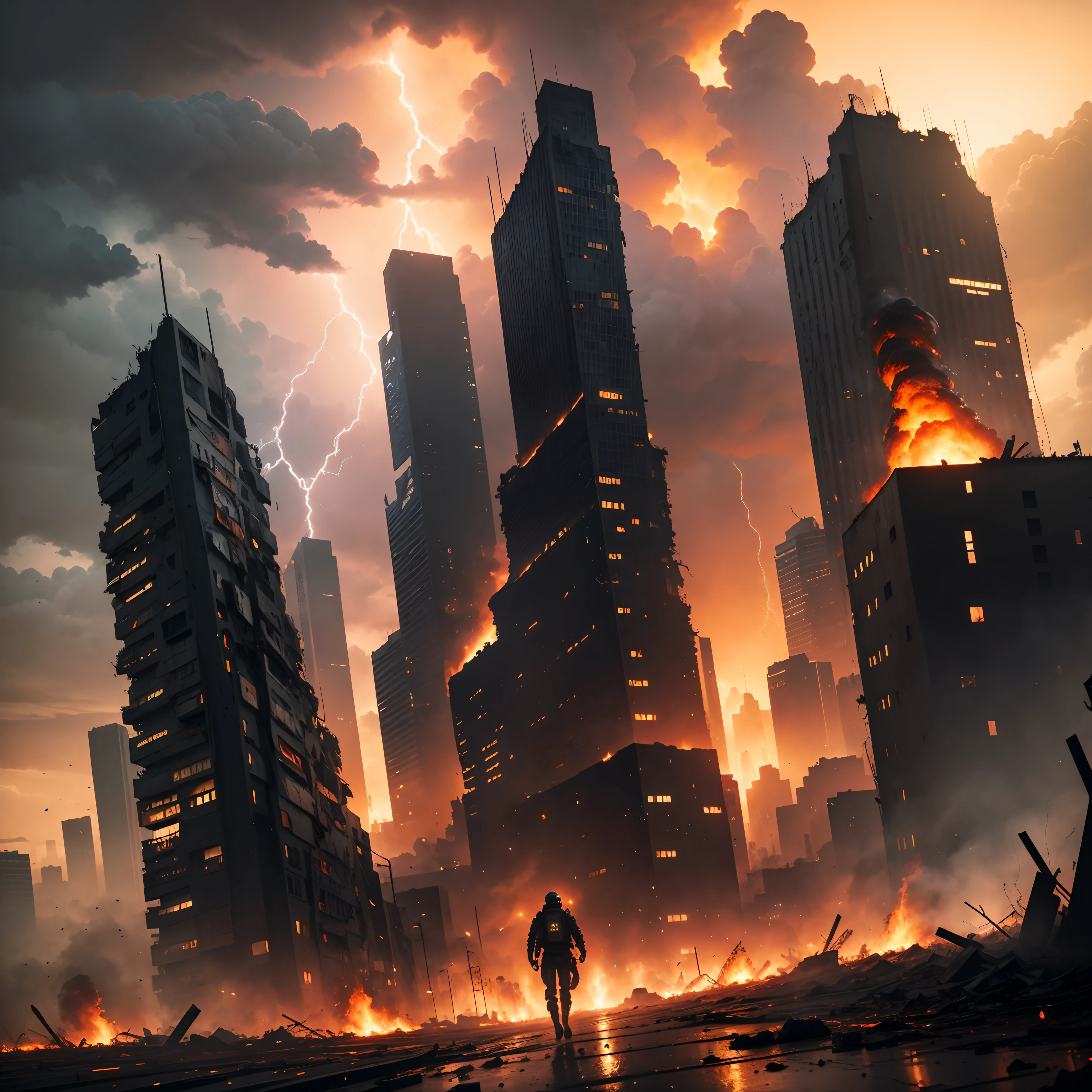 Dramatic apocalyptic scenario,Spectacular dark clouds,violent lightning and thunder,Destroyed cities,Desolate streets,A huge fireball fell from the sky,crumbling buildings,Smoke and ash billowed out,Terrible storm,people running in panic,An atmosphere of despair,Post-apocalyptic ruins,ominous and chaotic,Ruins and wreckage are everywhere,Blood-red sunset,powerful and destructive,Fear and despair,vivd colour,Doomsday scenario,chaos and destruction. (Best quality at best,4K,8K,A high resolution,tmasterpiece:1.2),ultra - detailed,actual, HighDynamicRange,Extremely detailed description,vivd colour,apocalyptic art style,Strong and moody lighting