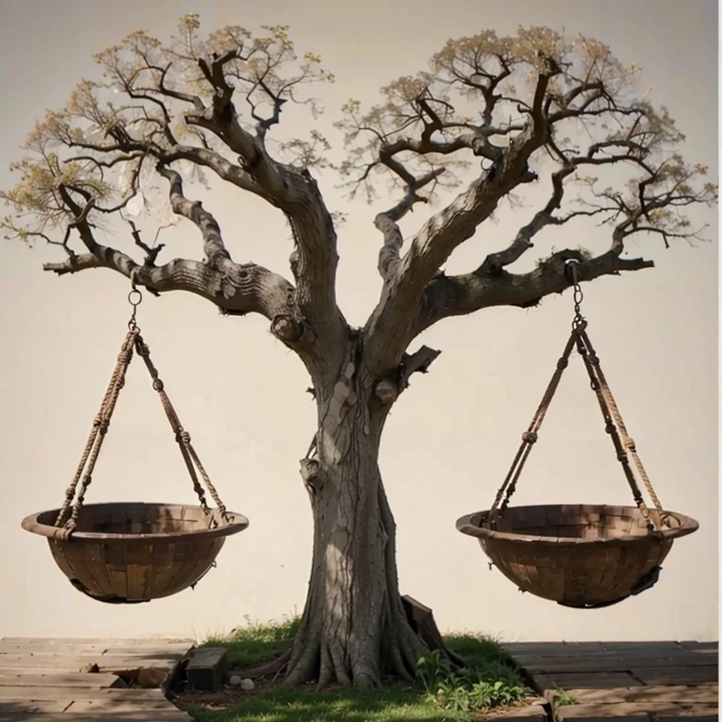 A PERFECT AND REALISTIC EMPTY BALANCED SCALE SHOWING THE SCALE WITH BOTH SIDES EQUAL IN PERFECT PROPORTION, THE EMPTY SCALES OF LIFE IN THE TRUNK AND BRANCHES STYLE