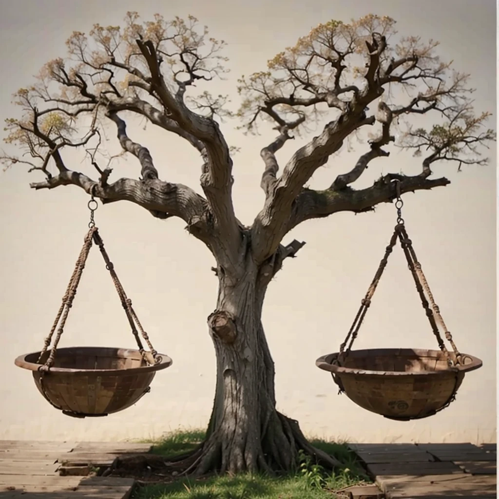 A PERFECT AND REALISTIC EMPTY BALANCED SCALE SHOWING THE SCALE WITH BOTH SIDES EQUAL IN PERFECT PROPORTION, THE EMPTY SCALES OF LIFE IN THE TRUNK AND BRANCHES STYLE