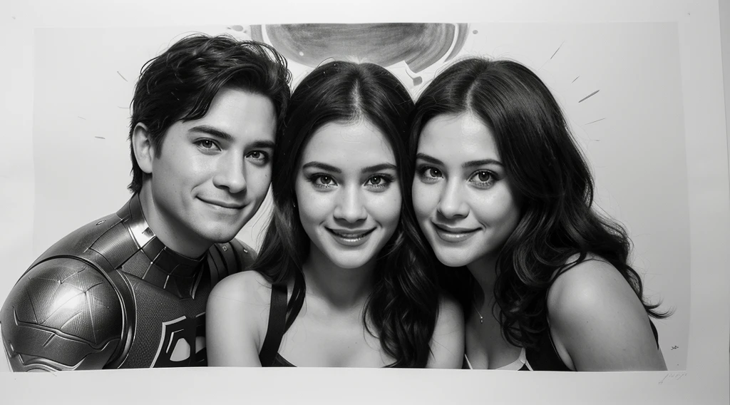 "Create a high-quality image with the following additional characteristics:

1. A drawing depicting a man and two women.
2. The artwork should be fan art using a pencil painting technique, providing a high-quality portrait. The drawing should have a hand-drawn style, in black and white.
3. Employ a comic-style drawing, incorporating elements of high-quality sketch. Ensure that the person in the illustration is smiling, radiating happiness and excitement.
4. The composition should capture the essence of the TV show "Boys."
5. Ensure that the illustration is epic, representing an incredible and official promotional fan art.

Make sure the image conveys a sense of enthusiasm, positive energy, and encapsulates the superhero theme in a unique and engaging way."