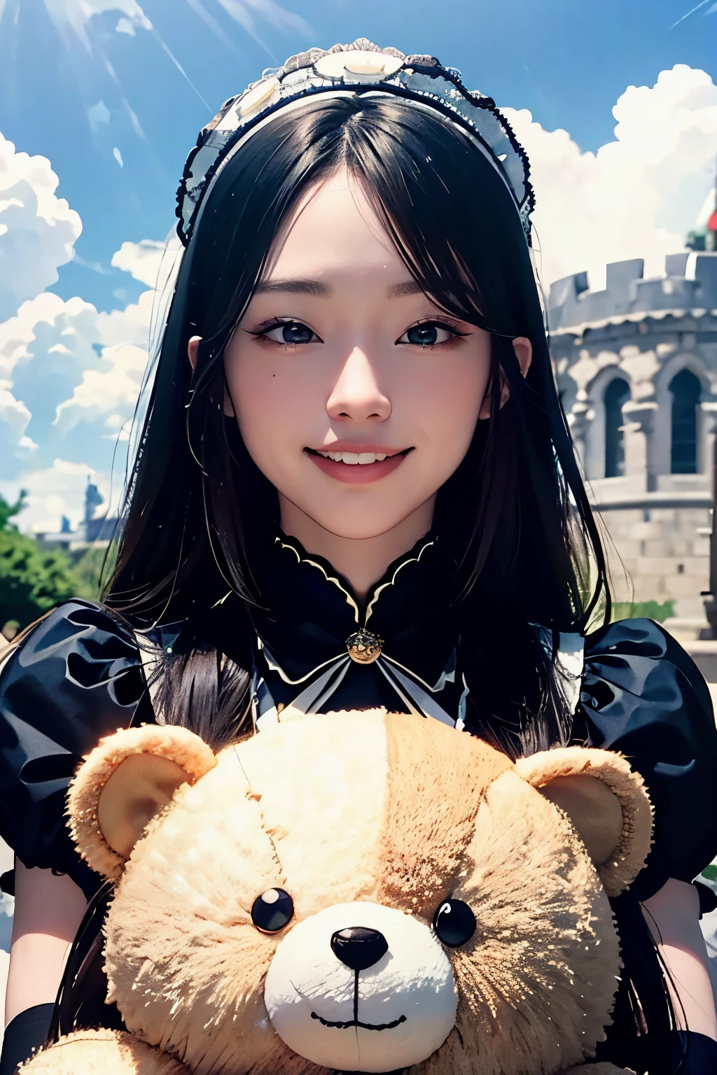 (Best Quality,8K,hight resolution,masutepiece:1.3),High brightness,Ultra-detailed, 24-year-old girl,Portrait,Exquisitely perfect face,Black hair、straight haired、Flat bangs,detailed beautiful faces、long lashes、deep detailed eyes,looking happy smile,(light blue and black lolita fashion),Head dress、Holding a teddy bear、cinematic lighting、天空、Lots of beautiful clouds、Castles