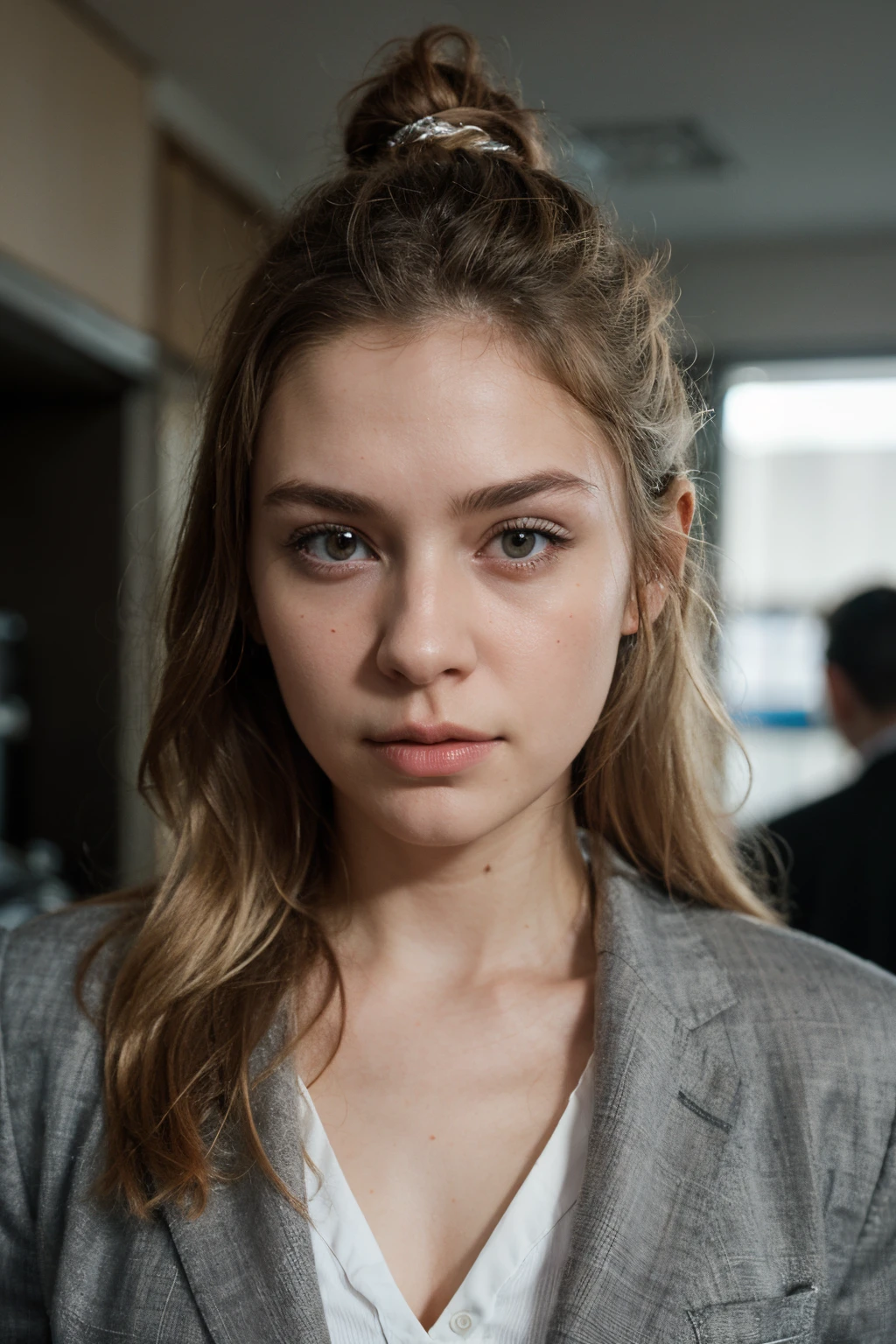 Woman, lawyer, business clothes, blonde hair , bun, streaks, black eyes, small eyebrows, Russian, white, 20 yo, 4k, realistic, cinema pose, enigmatic, Computer