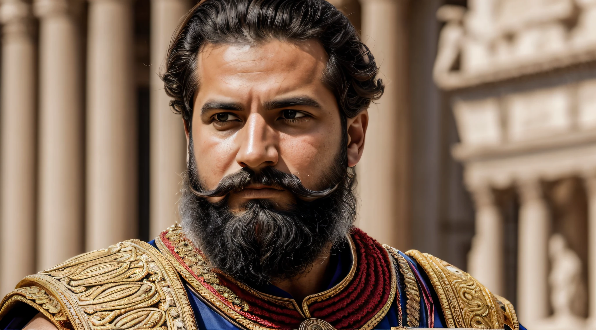 Um foto-realista, rico em detalhes, Qualidade 4k, Man, com barba rala e bigode, with a serious look and the emperor of Rome, wearing a golden Romanéo-style crown, soio, contemporary style, with your face looking directly at the camera and sharp focus on your face, rosto de um homem de 28 anos, vivid colors, detalhes intrincados. O retrato se concentra em sua parte superior do corpo, Este homem com traje real da Roma Antiga, certifique-se de capturar os detalhes de sua roupa no estilo do imperador de Roma, desfoque de movimento suave, Volumetric luminosity. DSLR Camera with 50mm Portrait Lens, --AR 3:2 --V 5.