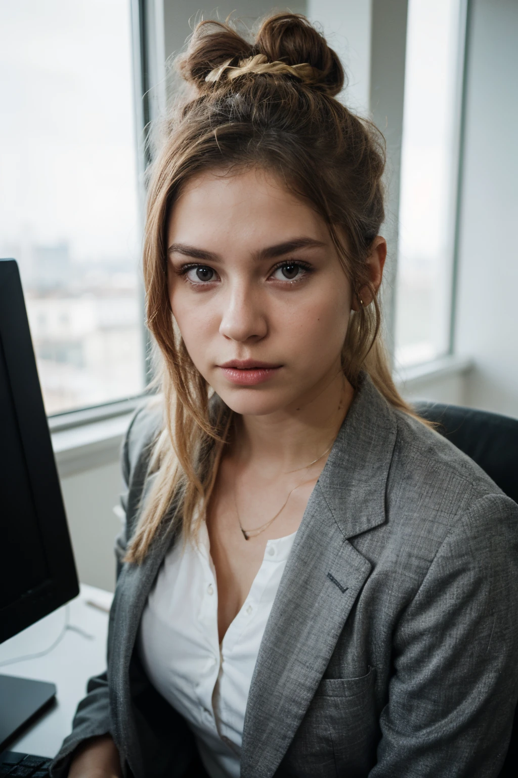 Woman, lawyer, business clothes, blonde hair , bun, streaks, black eyes, small eyebrows, Russian, white, 20 yo, 4k, realistic, cinema pose, enigmatic, Computer