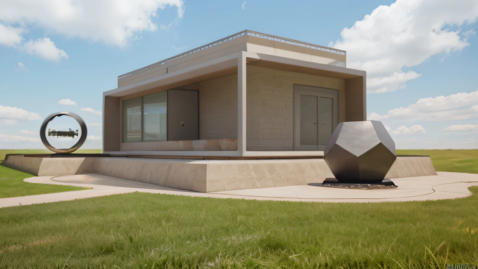 a rendering of a plaza in front of one office building, stone pathway to building and from right to left, one steel sculpture on the left and one granite structure on the right, hilly grass in between building and plaza, ((nice grass lawn)), beautiful sky, daylight, bright daylight, two-point perspective, human perspective, realistic, masterpiece, ultra-detailed, 4K, photographic rendering, commercial