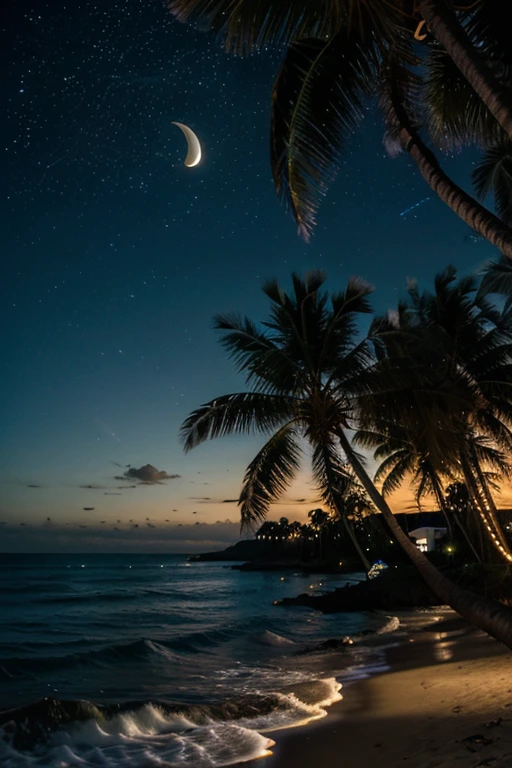 The shore of the sea and a palm tree in the darkness of the night and the half moon and stars in the sky