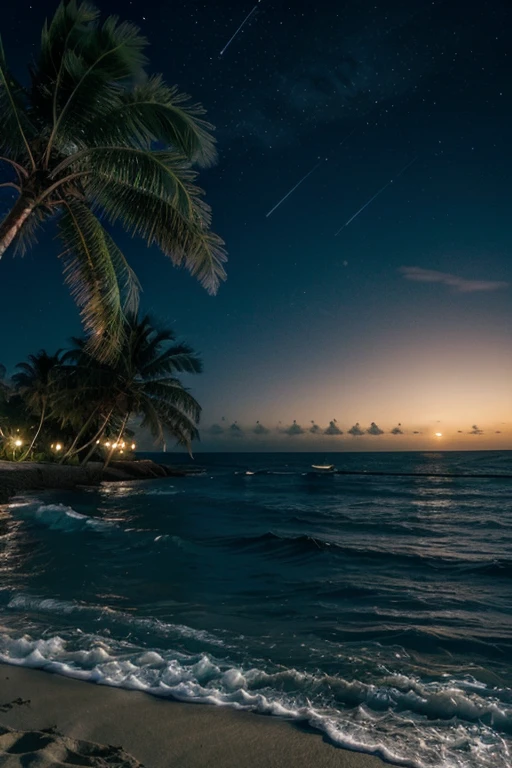 The shore of the sea and a palm tree in the darkness of the night and the half moon and stars in the sky
