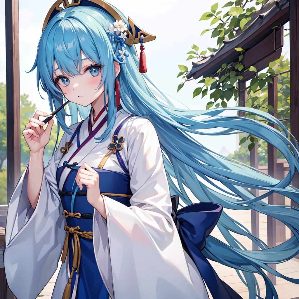 Girl with long blue hair wears Han Dynasty Hanfu，sobu，