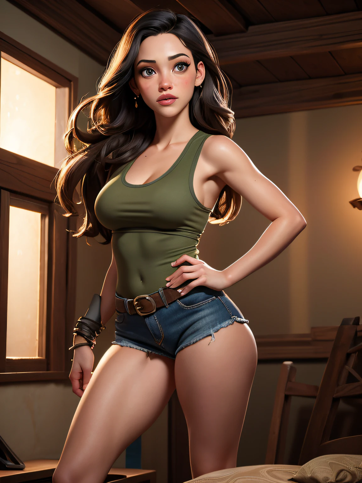 Masterpice, Lara Croft Tomb Raider, blue tank top, torn, sexy, huge breast, big butts, sexy, pistol in her hand, sexy looks, beautiful Kat Dannings face, Deusa da sensualidade, Corpo perfeito, Seios empinados e perfeitos, Beleza angelical, Corpo com curvas, pose sensual, Corpo inteiro, Scenery and an Enchanted Forest, Hiper realista, Cores Fortes e vibrantes, 1girl, solo, one girl, Generate ultra high ppi Hasselblad H6D 400 MS-camera image, 717 gigapixel, Kat Dennings' face, skin glow, Kat Dennings' nose, Kat Dennings' glabella, Kat Dennings' philtrum, Kat Dennings' chick, Kat Dennings' chick bones, Kat Dennings' jaw lines, Kat Dennings' forehead, Kat Dennings' eyes ((only dark colour)) and Kat Dennings' lips, exactly same face expressions, realistic detailed CGI octane render, maintain winning level facial anatomy aspect ratio, best eyes aspect ratio, full body portrait, natural skin shine from inside skin, piercing gaze