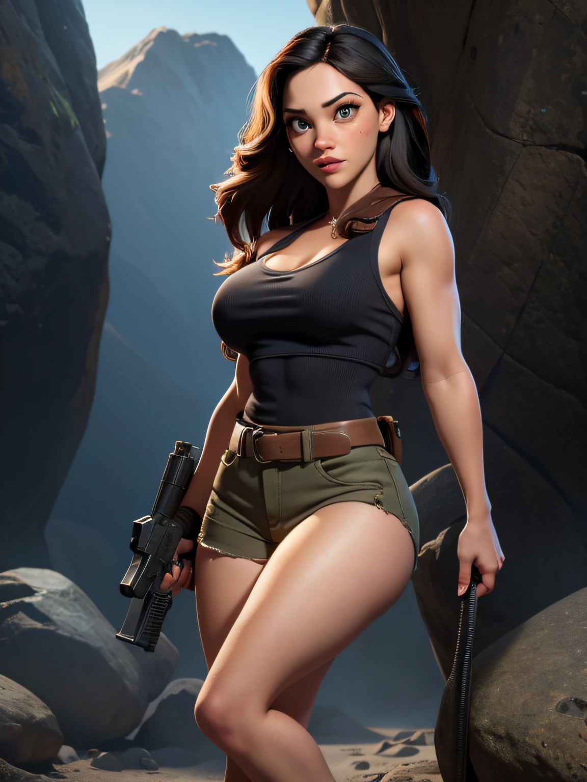 Masterpice, Lara Croft Tomb Raider, blue tank top, torn, sexy, huge breast, big butts, sexy, pistol in her hand, sexy looks, beautiful Kat Dannings face, Deusa da sensualidade, Corpo perfeito, Seios empinados e perfeitos, Beleza angelical, Corpo com curvas, pose sensual, Corpo inteiro, Scenery and an Enchanted Forest, Hiper realista, Cores Fortes e vibrantes, 1girl, solo, one girl, Generate ultra high ppi Hasselblad H6D 400 MS-camera image, 717 gigapixel, Kat Dennings' face, skin glow, Kat Dennings' nose, Kat Dennings' glabella, Kat Dennings' philtrum, Kat Dennings' chick, Kat Dennings' chick bones, Kat Dennings' jaw lines, Kat Dennings' forehead, Kat Dennings' eyes ((only dark colour)) and Kat Dennings' lips, exactly same face expressions, realistic detailed CGI octane render, maintain winning level facial anatomy aspect ratio, best eyes aspect ratio, full body portrait, natural skin shine from inside skin, piercing gaze