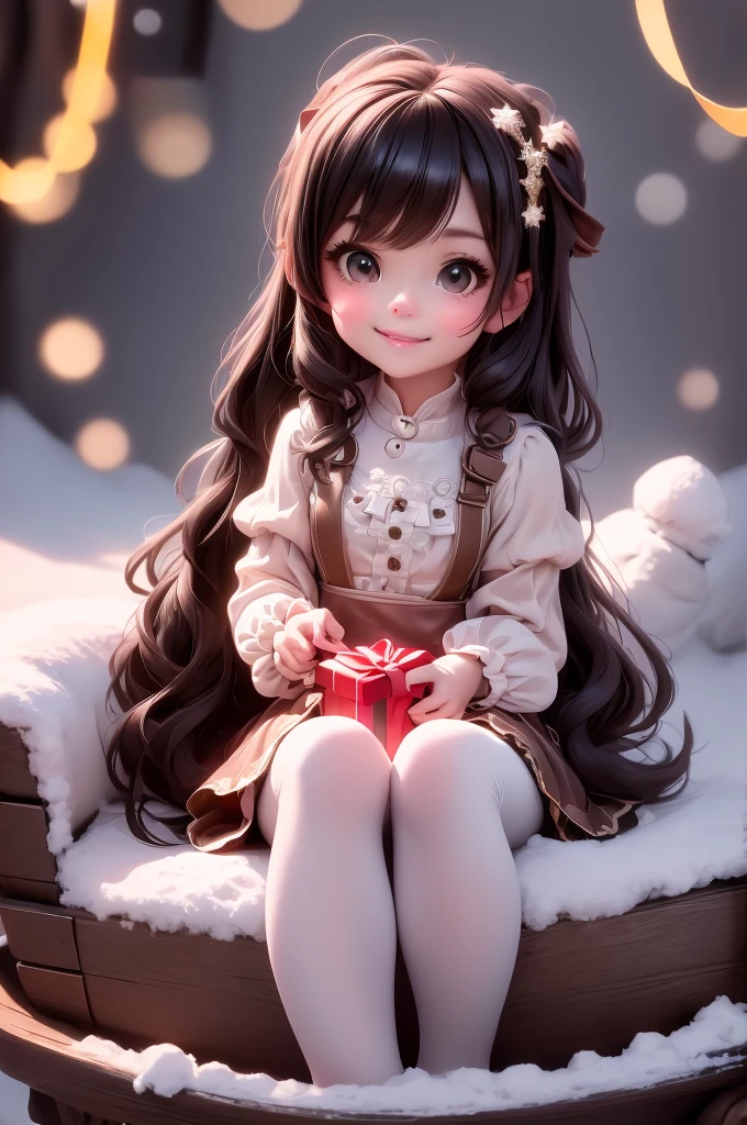 amasterpiece, best quality, 8k, cinematic light, ultra high res, chibi, cute girl smiling sitting on a sleigh, black hair, christmas steampunk dress, christmas hair bows, (white pantyhose), (black pumps), magical night, winter night, magical sparks floating, falling snow, dark shadows, ((dark fantasy)),
