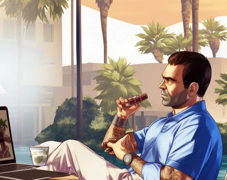 (master part, Qualidade Superior, best quality), (2 homens bonitos), ((use chique aloha shirttreme detalhado, mais alto detalhado. gta5 estilo, Cigar in hand