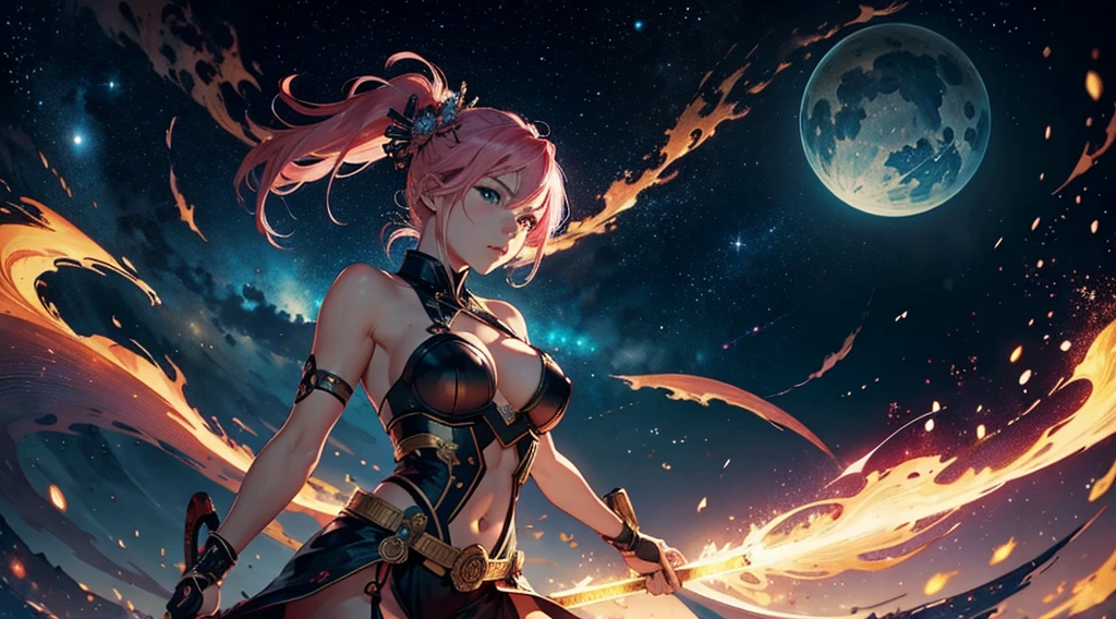 (best quality,highres:1.2), detailed fantasy art,serious expression, robot-like eyes, long black hair, evil smile, fighting stance, milim de tensei shitara slime datta ken, el cabello es rosa, los ojos son de robot, detailed fantasy art, postura de lucha, cuerpo completo, fuego alrededor, It's night and there is lightning in the sky, milim tiene un aura de dios, red lens flare