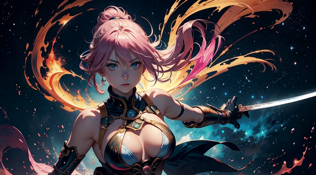 high quality, highly detailed face, gorgeous face, A female Samurai, pink hair, holding her Katana with her mechanical arm, looking at the viewer, her sword  dripping blood after the battle, fire flames and smoke at the background, ancient Japan blending the swirling cosmic colors of Vincent van Gogh's Starry Night with the surreal celestial precision of Salvador Dalí. In this cosmic dance, celestial bodies echo Turner's atmospheric touch, blurring the line between reality and fantasy, In the foreground, a fantastical creature takes center stage, blending the whimsy of Hieronymus Bosch's beings with the organic flow of Alphonse Mucha's art nouveau lines. Elements of H.R. Giger's biomechanical aesthetic add an otherworldly touch, by yukisakura, awesome full color