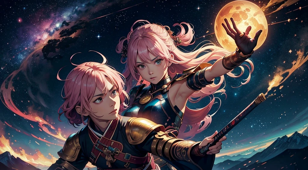 high quality, highly detailed face, gorgeous face, A female Samurai, pink hair, holding her Katana with her mechanical arm, looking at the viewer, her sword dripping blood after the battle, fire flames and smoke at the background, ancient Japan blending the swirling cosmic colors of Vincent van Gogh's Starry Night with the surreal celestial precision of Salvador Dalí. In this cosmic dance, celestial bodies echo Turner's atmospheric touch, blurring the line between reality and fantasy, In the foreground, a fantastical creature takes center stage, blending the whimsy of Hieronymus Bosch's beings with the organic flow of Alphonse Mucha's art nouveau lines. Elements of H.R. Giger's biomechanical aesthetic add an otherworldly touch, by yukisakura, awesome full color
