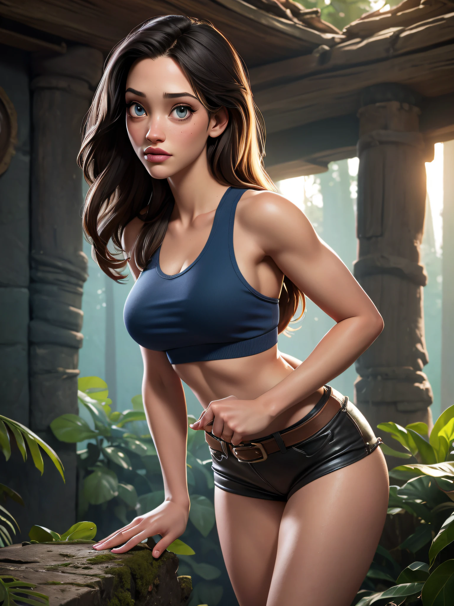 Masterpice, Lara Croft Tomb Raider, blue tank top, torn, sexy, huge breast, big butts, sexy, pistol in her hand, sexy looks, beautiful Kat Dannings face, Deusa da sensualidade, Corpo perfeito, Seios empinados e perfeitos, Beleza angelical, Corpo com curvas, pose sensual, Corpo inteiro, Scenery and an Enchanted Forest, Hiper realista, Cores Fortes e vibrantes, 1girl, solo, one girl, Generate ultra high ppi Hasselblad H6D 400 MS-camera image, 717 gigapixel, Kat Dennings' face, skin glow, Kat Dennings' nose, Kat Dennings' glabella, Kat Dennings' philtrum, Kat Dennings' chick, Kat Dennings' chick bones, Kat Dennings' jaw lines, Kat Dennings' forehead, Kat Dennings' eyes ((only dark colour)) and Kat Dennings' lips, exactly same face expressions, realistic detailed CGI octane render, maintain winning level facial anatomy aspect ratio, best eyes aspect ratio, full body portrait, natural skin shine from inside skin, piercing gaze