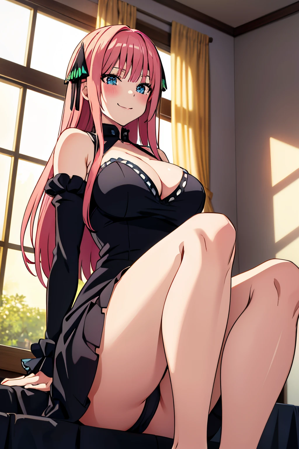 pov (from below),1 girl, alone, Nino nakano, pink hair, long hair, hair decorations, butterfly hair decorations, blue eyes, seductive, smiling, mouth closed, very large breasts, medium waist, wide hips, wide thighs, good hands, good anatomy, smiling and blushing, wearing a sexy black dress that shows cleavage and thighs, sitting on bed, legs open, good lighting, sunrise, open window
