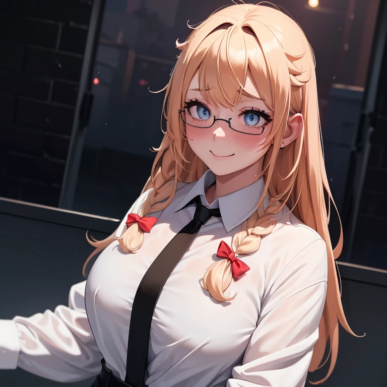 top-quality、1girl in、White wet shirt、Collar shirt、Black tie、huge boo black pants、Ahegao、Nasal blush、(Look outside:1.4)、Eye lenses with volume、Night、(Colossal tits:1.1)、smug smile、tedium、Nasal blush、Ringed Eyes、8K、Red hair, Long braided hair,