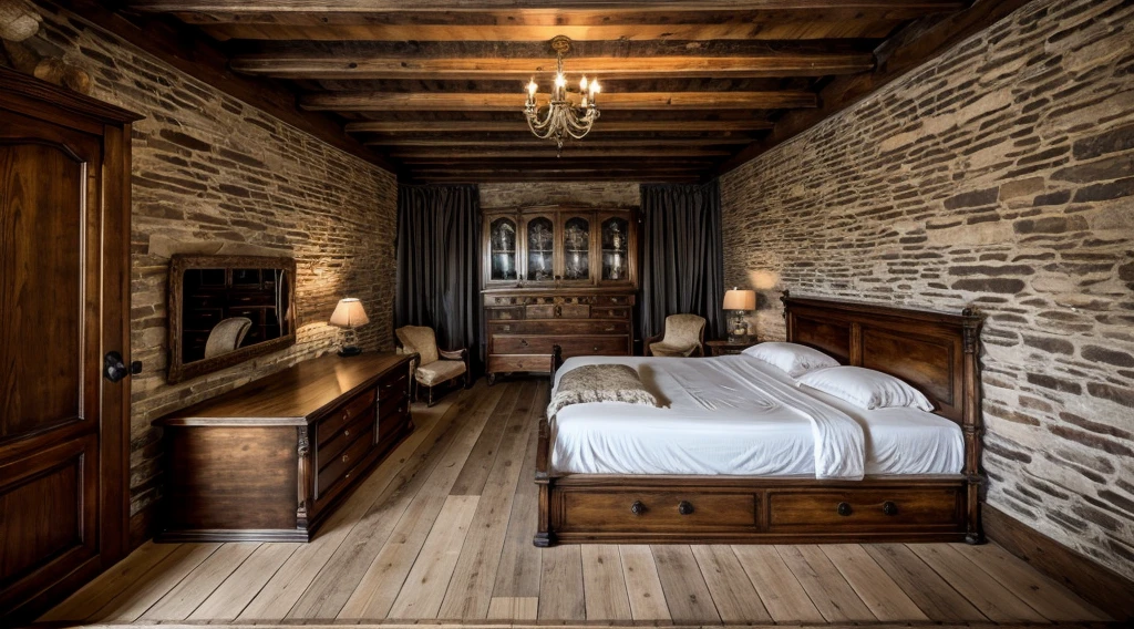 luxurious bedroom interior, luxury interior style, design tends to be high_class, calming and natural atmosphere, ((rough-hewn wood)), handmade textiles,natural fabrics, tab, lamp, rug, wood floor, drapes,glass window, door, (rough-hewn ceiling), (rough-hewn wall), wardrobe, rough-hewn wood cabinet, picture frames, antique furniture and decor items, day, (sunlight)