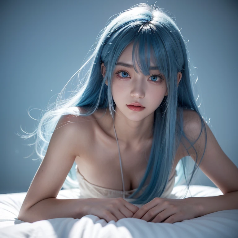 female student, Lie down in bed, looking at you, wear thin clothes, The   exposed, Blue hair, lightblue hair, long whitr hair, crossed bangs, Hair over the shoulder, Hair flakes, hairflower, Moles under the eyes, eyeballs, Gradient eyes, Water-colored eyes, the shy, light  smile, Be red in the face, Embarrassing, style of anime, Ray traching, glowing light, reflective light, People drawing, Side Body, super detailing, acurate, ctextured skin, high detal