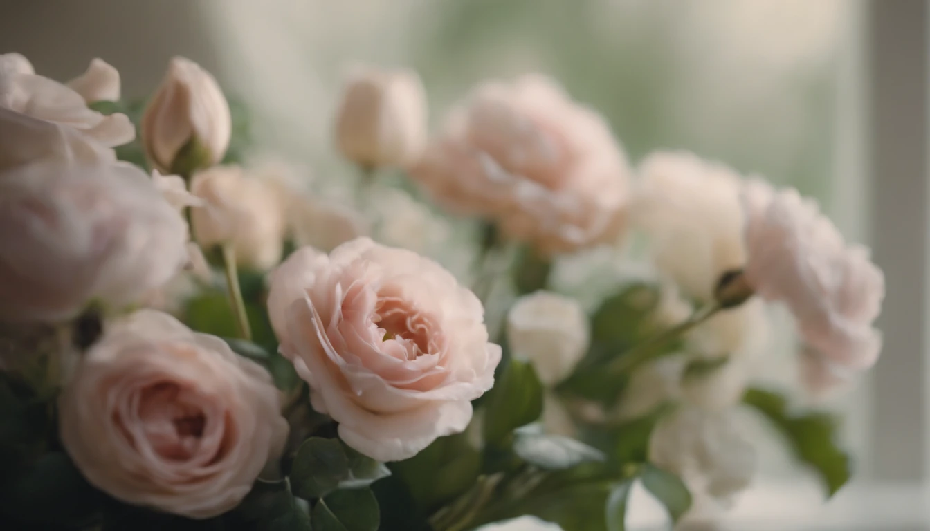 Capture a detail shot of a softly blurred floral arrangement, showcasing the delicate shapes and pastel tones that create a soft and romantic background