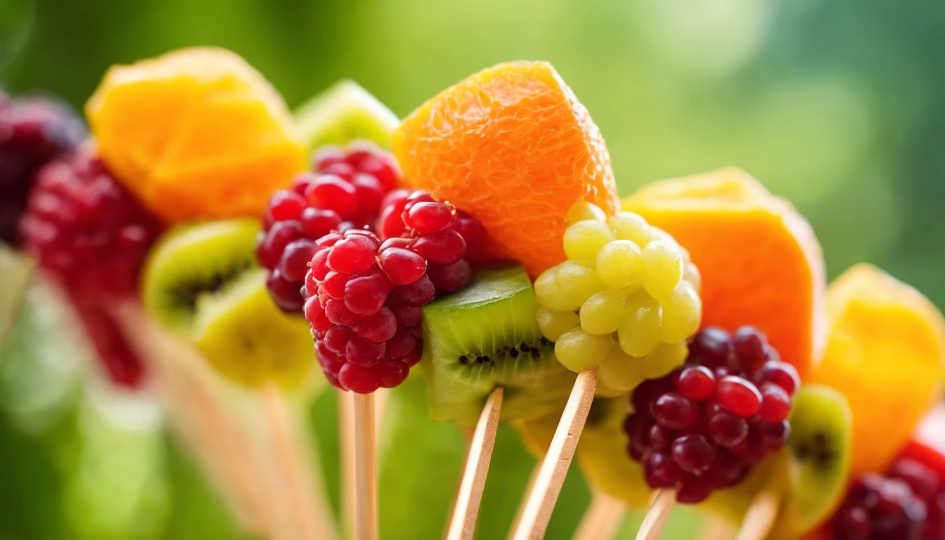 Capture a creative shot of a colorful fruit skewer, showcasing a variety of fresh and vibrant fruits threaded onto a skewer for a visually appealing and healthy snack option