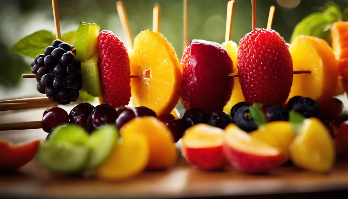 Capture a creative shot of a colorful fruit skewer, showcasing a variety of fresh and vibrant fruits threaded onto a skewer for a visually appealing and healthy snack option