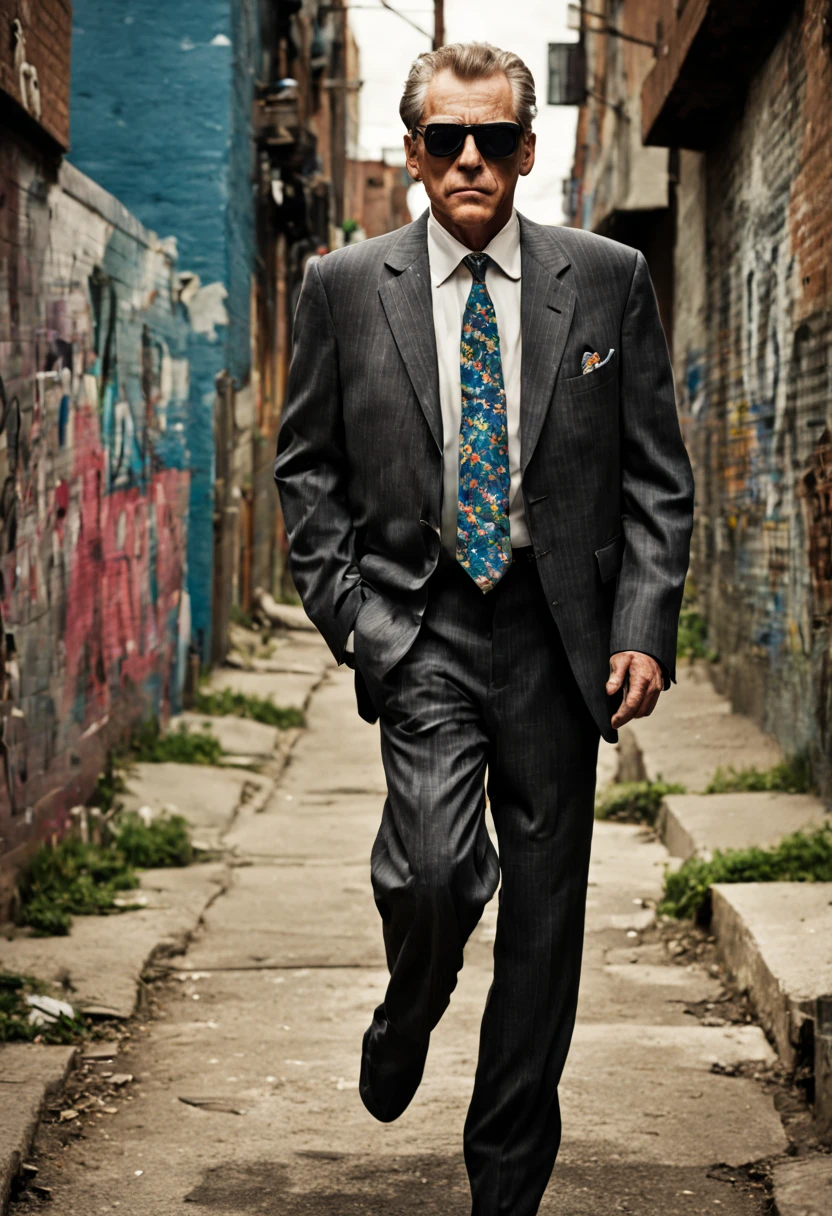 Visualize Jack, a middle-aged white man, making his way through a gritty ghetto neighborhood street.
Jack is conspicuously overdressed in a formal suit, complete with a tie and sunglasses, as he walks along the worn sidewalks.
The surroundings are starkly different from his attire, with graffiti-covered walls and dilapidated buildings in the background.
Jack is on his way to meet his friends, with whom he meets often, despite the neighborhood's rough appearance.
His friends, a diverse group of both boys and girls, await his arrival.