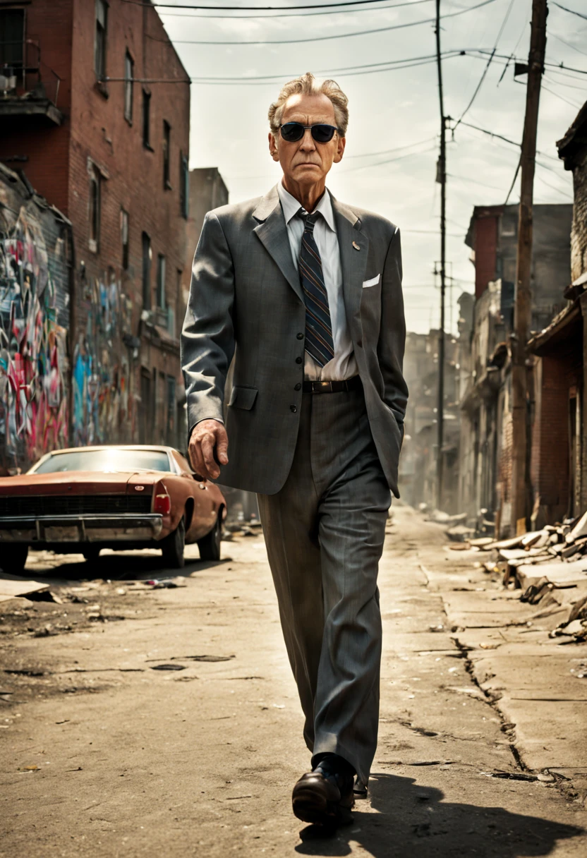 Visualize Jack, a middle-aged white man, making his way through a gritty ghetto neighborhood street.
Jack is conspicuously overdressed in a formal suit, complete with a tie and sunglasses, as he walks along the worn sidewalks.
The surroundings are starkly different from his attire, with graffiti-covered walls and dilapidated buildings in the background.
Jack is on his way to meet his friends, with whom he meets often, despite the neighborhood's rough appearance.
His friends, a diverse group of both boys and girls, await his arrival.