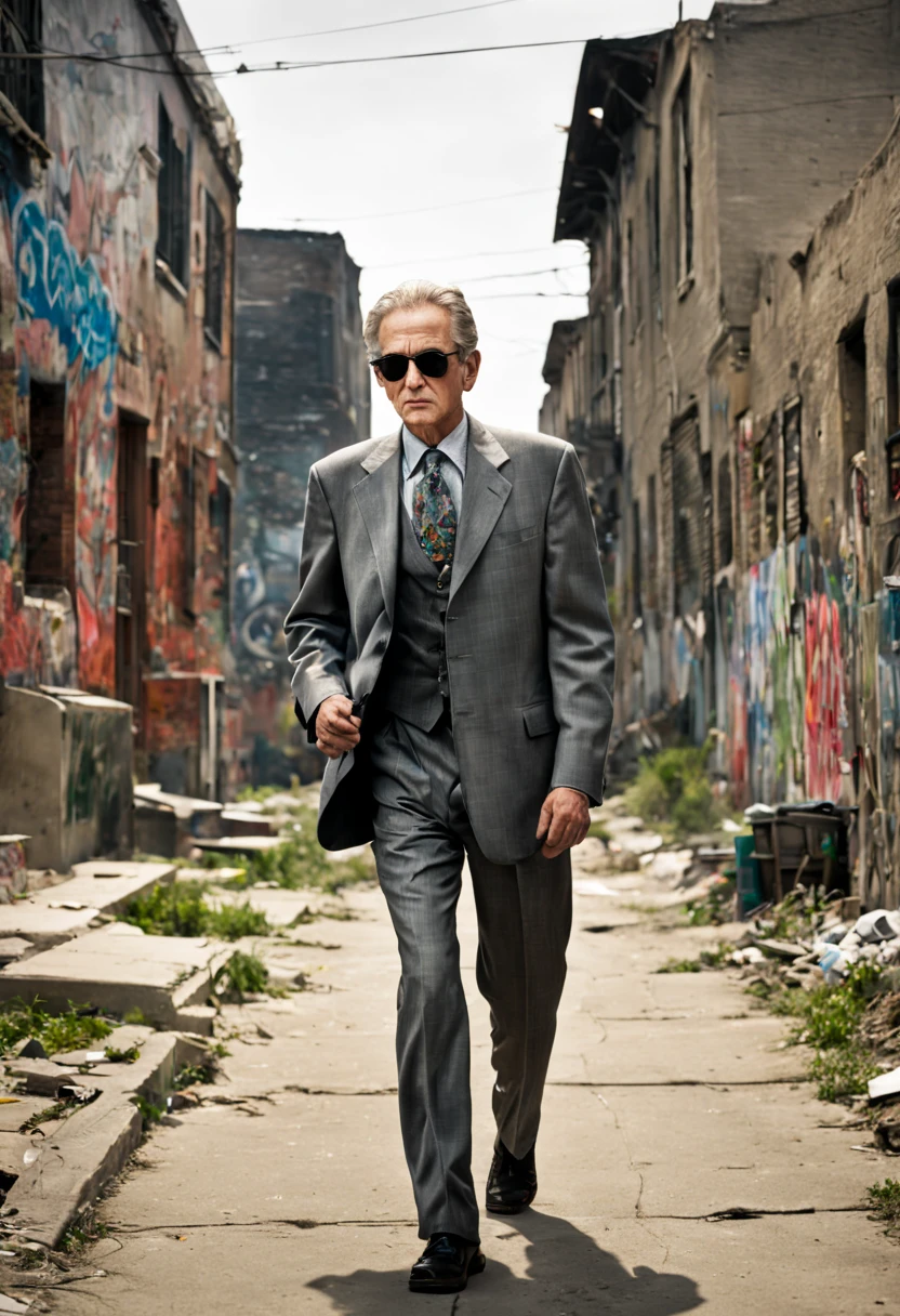 Visualize Jack, a middle-aged white man, making his way through a gritty ghetto neighborhood street.
Jack is conspicuously overdressed in a formal suit, complete with a tie and sunglasses, as he walks along the worn sidewalks.
The surroundings are starkly different from his attire, with graffiti-covered walls and dilapidated buildings in the background.
Jack is on his way to meet his friends, with whom he meets often, despite the neighborhood's rough appearance.
His friends, a diverse group of both boys and girls, await his arrival.